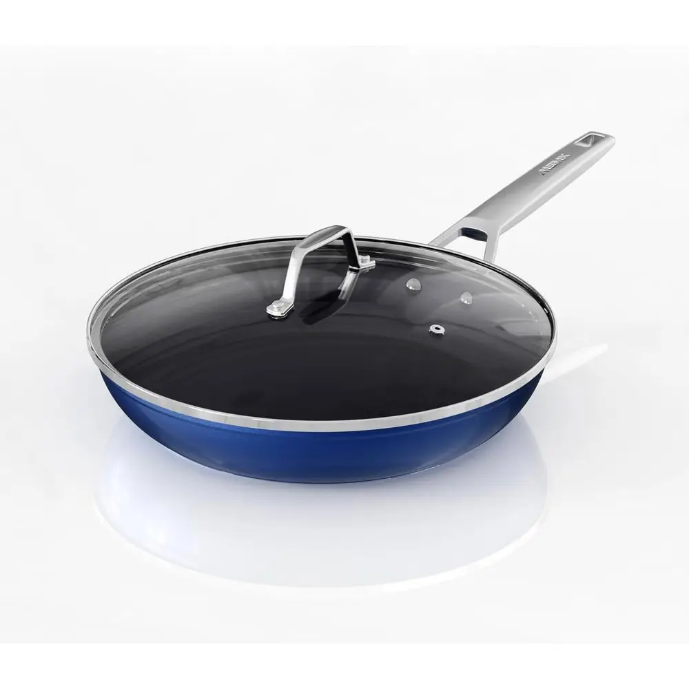 

10-inch Blue Nonstick Skillet with Lid, Titanium and Diamond Coating, Durable, Even Heat, Easy Clean, Comfortable Handle, Induct