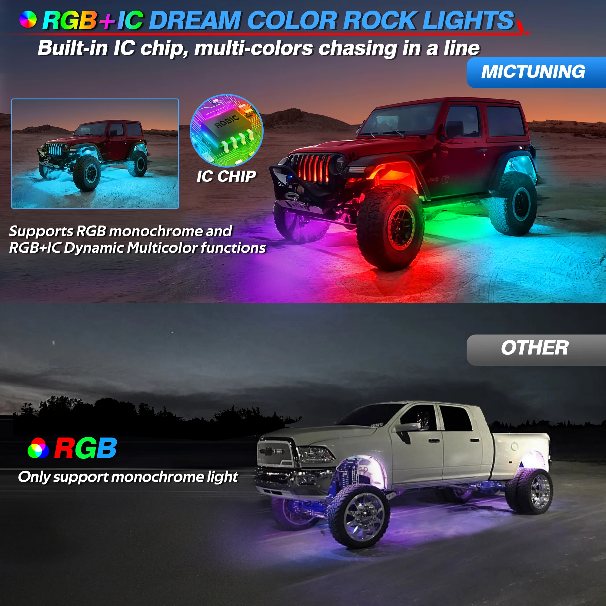 MICTUNING 8 Pods RGB+IC LED Rock Lights Kit Chasing Color with Wireless APP Control, DIY Effect(Extensible Up to 24 Pods)