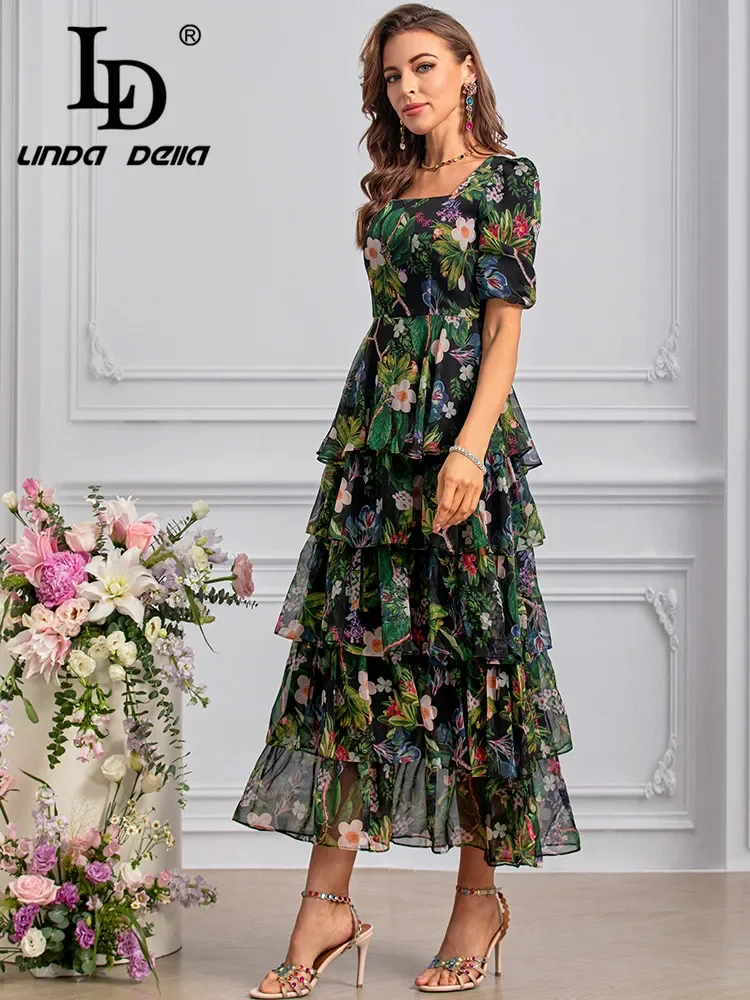 LD LINDA DELLA-Robe en mousseline de soie, imprimé floral, style bohème, volants en cascade, tempérament, été 2024