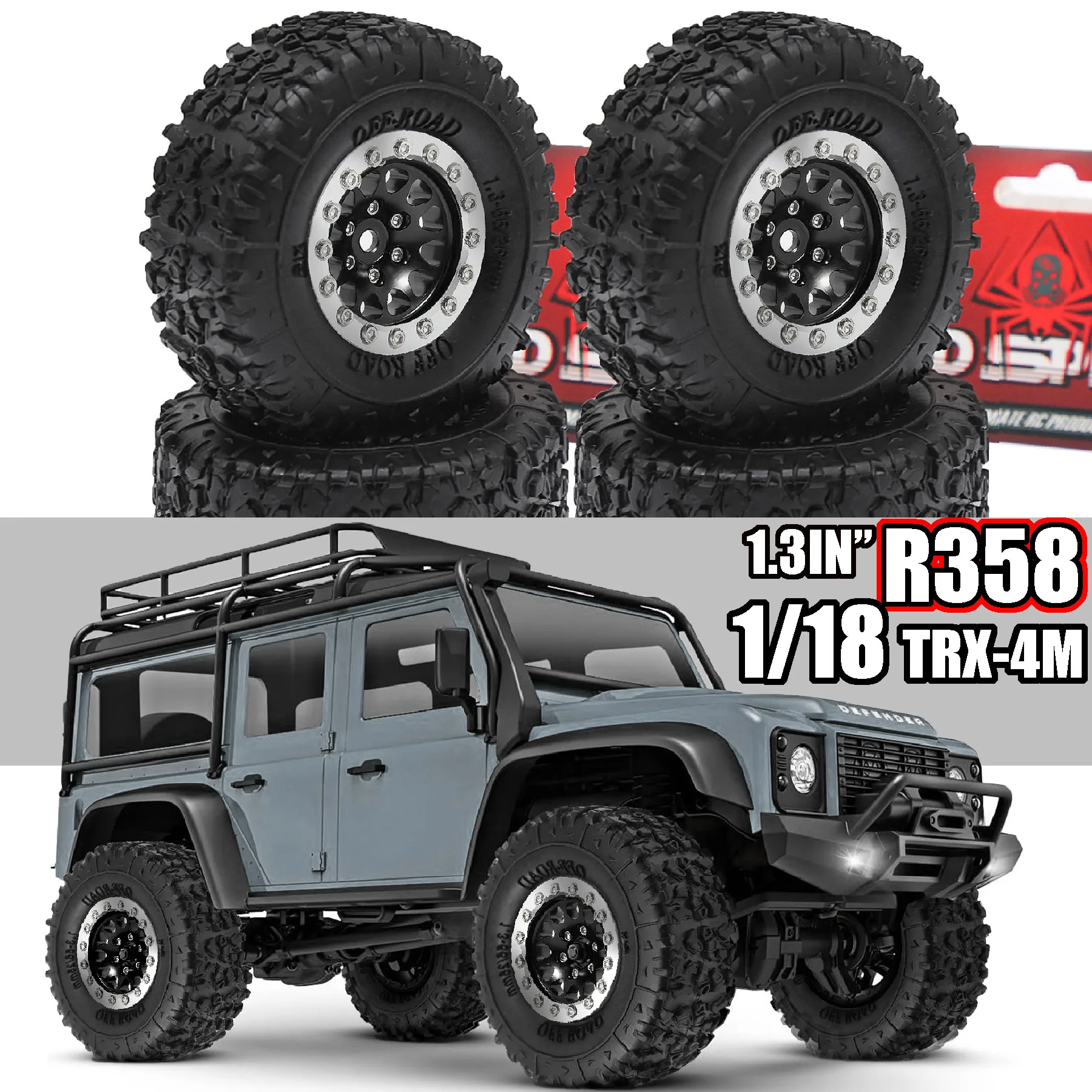 

4PCS 1.3 Inch Tires and Wheels Set for TRX4M SCX24 FMS FCX24 Ascent-18 1/18 RC Crawler, All Terrain Rubber Tires with metal Rim