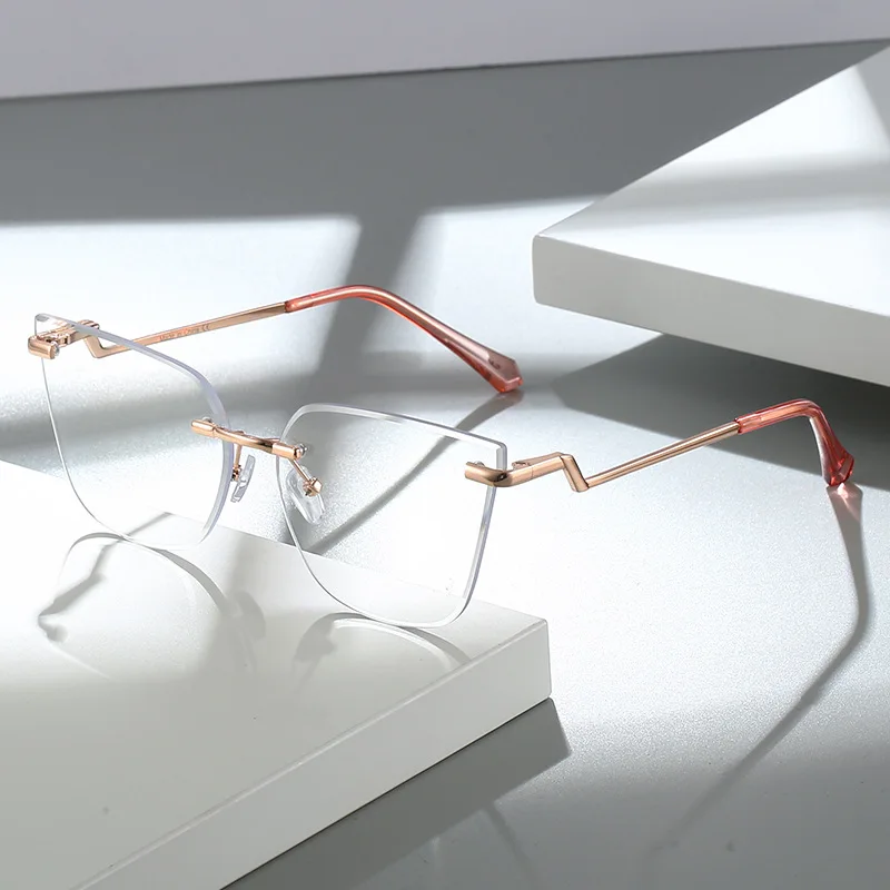 FIRADA Fashion Cat's Eye Eyeglasses Retro Metallic Sexy Rimless Eyewear Comfortable Prescription Glasses Frame For Women 23003-C - Image 2