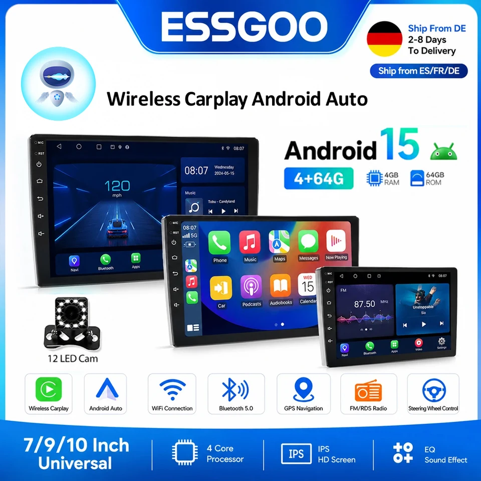 ESSGOO Android 15 カーラジオ ワイヤレスCarplay対応 オート 2DIN 7