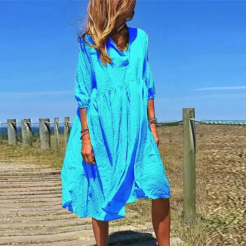 Robe de plage vintage pour femmes, décontractée, couleur unie, col en v, vêtements pour femmes, demi-manches, été 2023