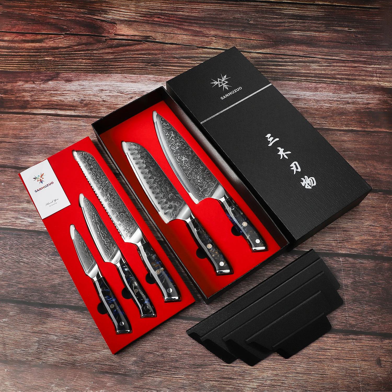 SANMUZUO 5PCS VG10 Damascus Steel Kitchen Knife Set - Xuan Series Chef Santoku Bread Utility Paring Knives with Resin Handle