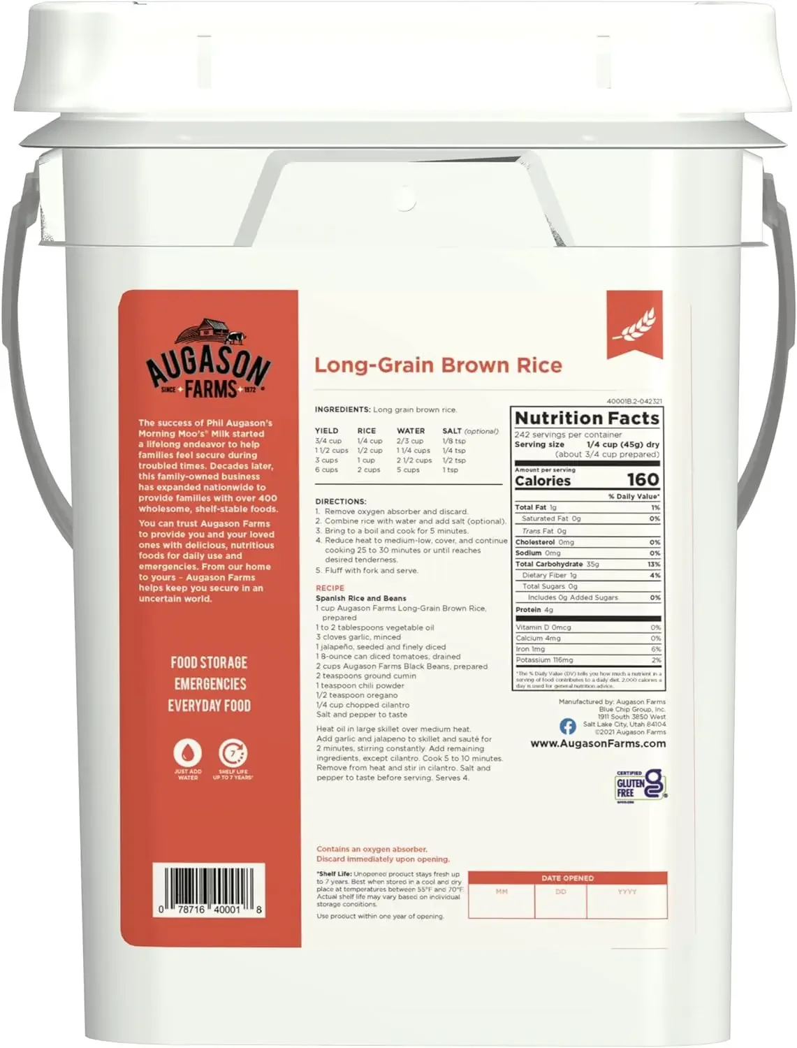 Augason Farms Long Grain Brown Rice Emergency Food Storage 24 Pound Pail