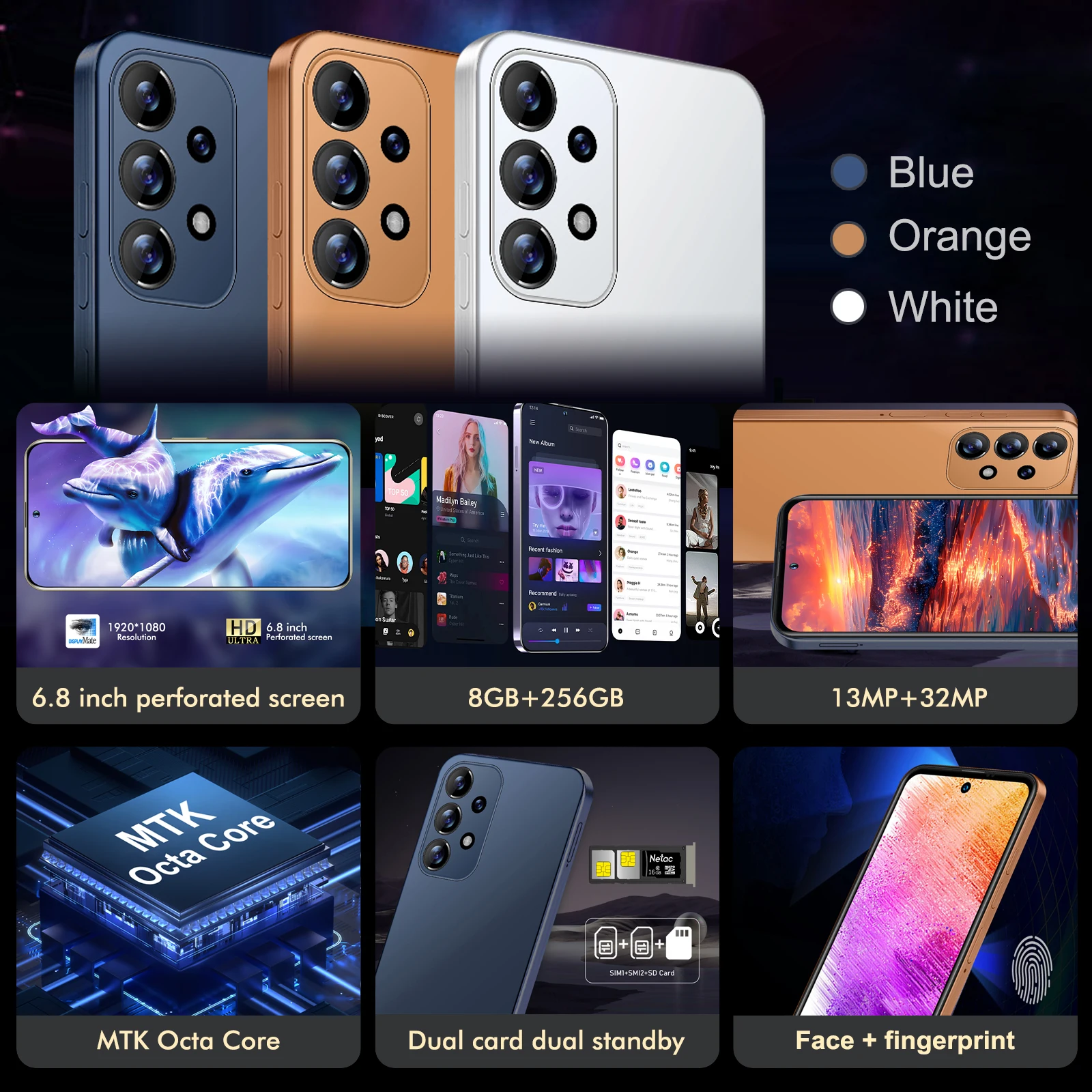 FUFFI-X6 Pro,Smartphone Android,6.8 inch,8+256GB ROM,Mobile phones 6800mah Battery,Dual SIM,Google Play Store Cell phones