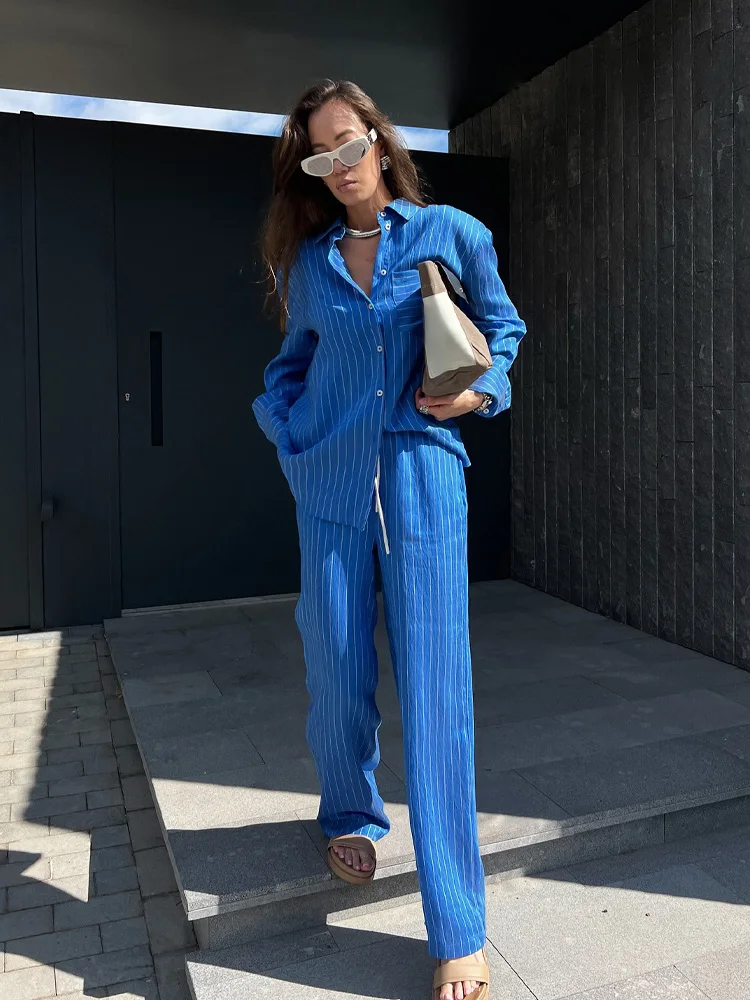 

HH женский брючный костюм с отложным воротником и длинным рукавом, однобортная тонкая полосатая рубашка + свободные длинные брюки с высокой талией и завязками