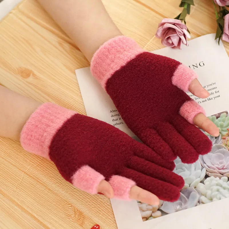 Korean Female Stretch Thicken Show Two Fingers Touch Screen Students Write Mittens Winter Wool Knitted Fingerless Gloves S192