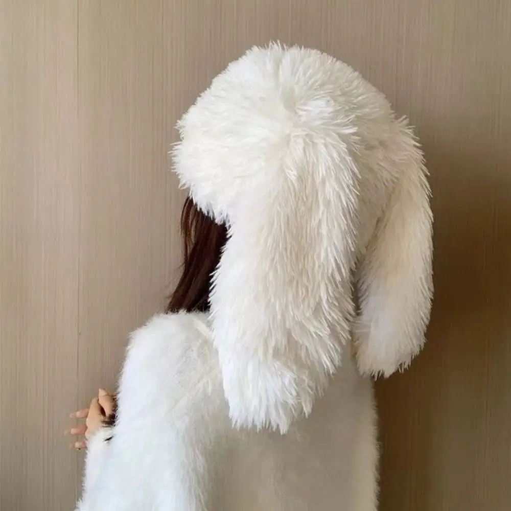 Korea Design Lovely Big Rabbit Ears Plush Beanie Hat Women Autumn and Winter Warm Protective Ear Novelty Knitted Cold Hat Wigs