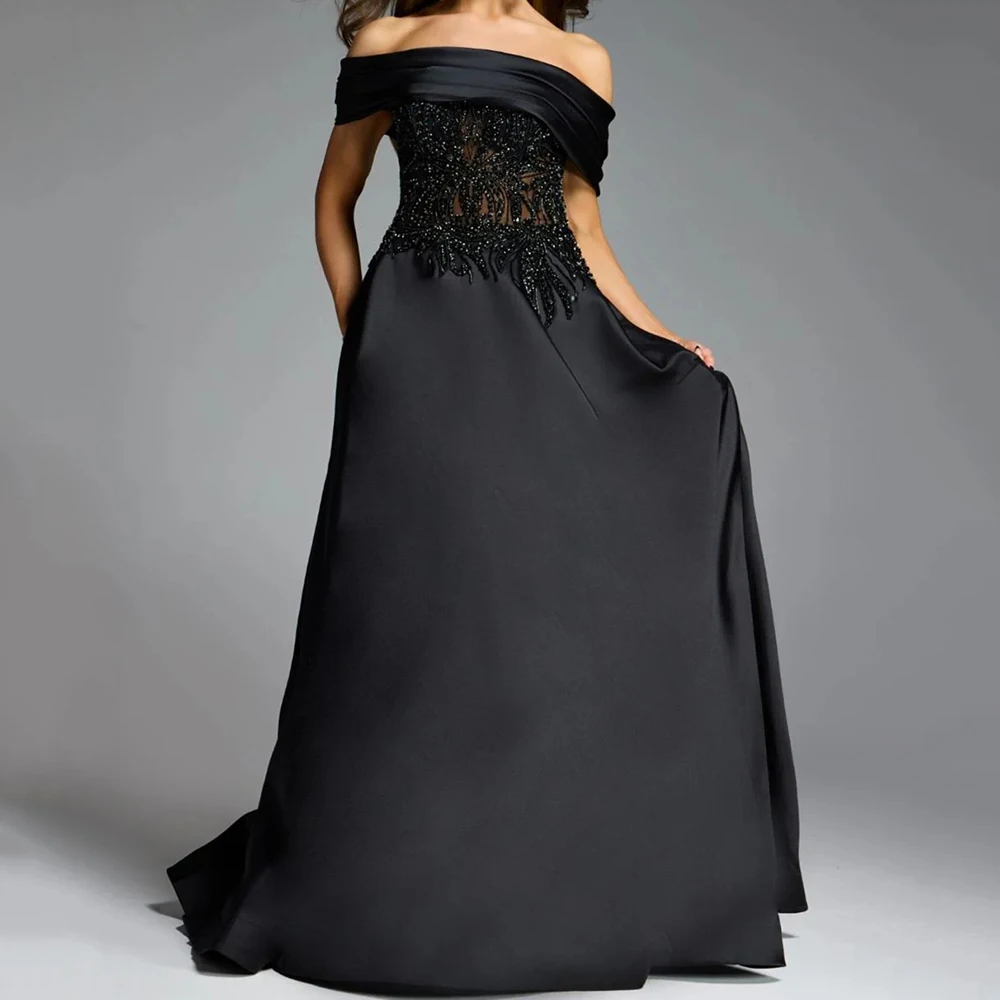 

Customized Black Mermaid Evening Dresses Floor-length Off The Shoulder Sleeveless Prom Gown Fashion Sequined Draped Party Gown