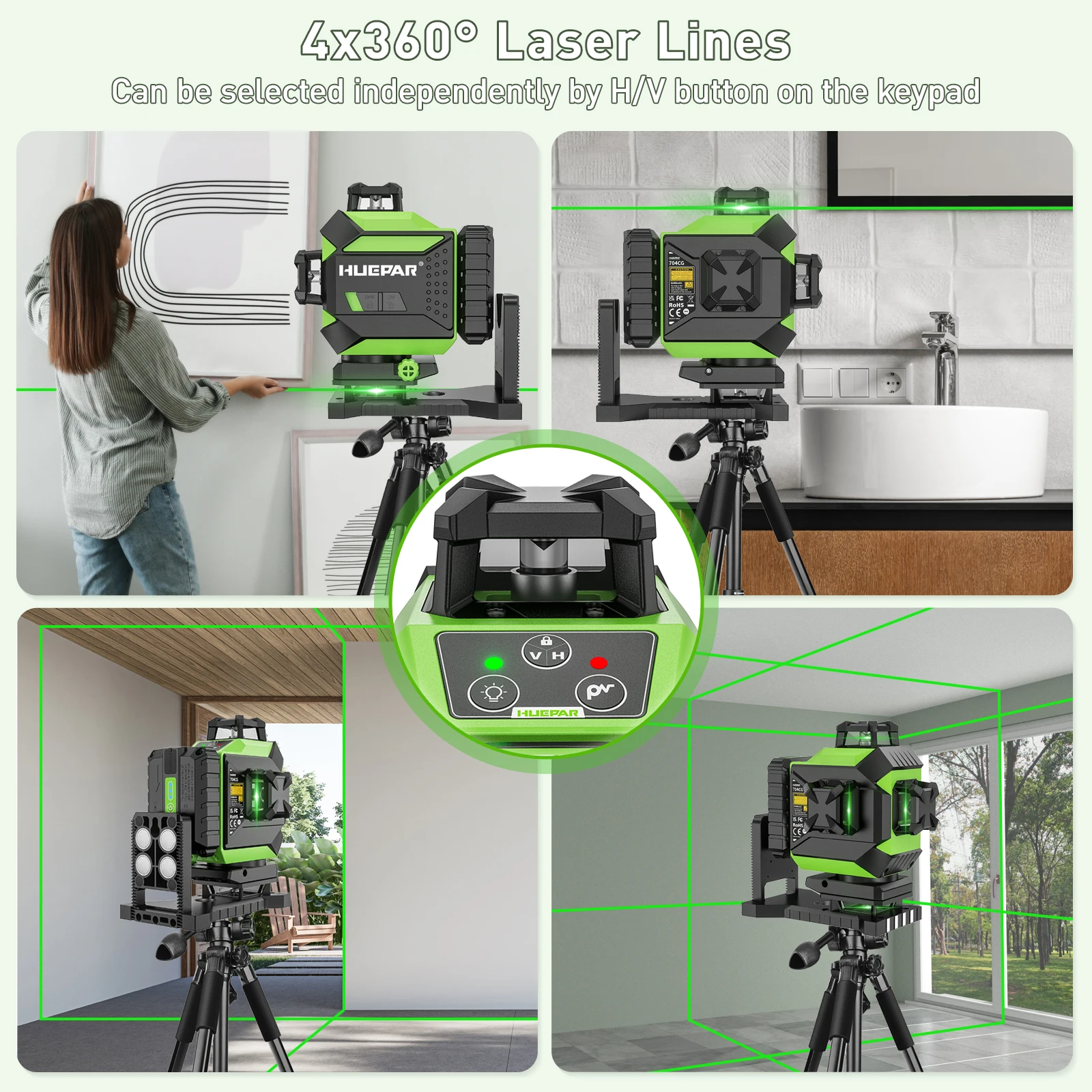 Huepar 704CG Alat Laser 16 Garis 4D Digital 360 Tingkat Laser Sinar Hijau Berputar Meratakan Sendiri