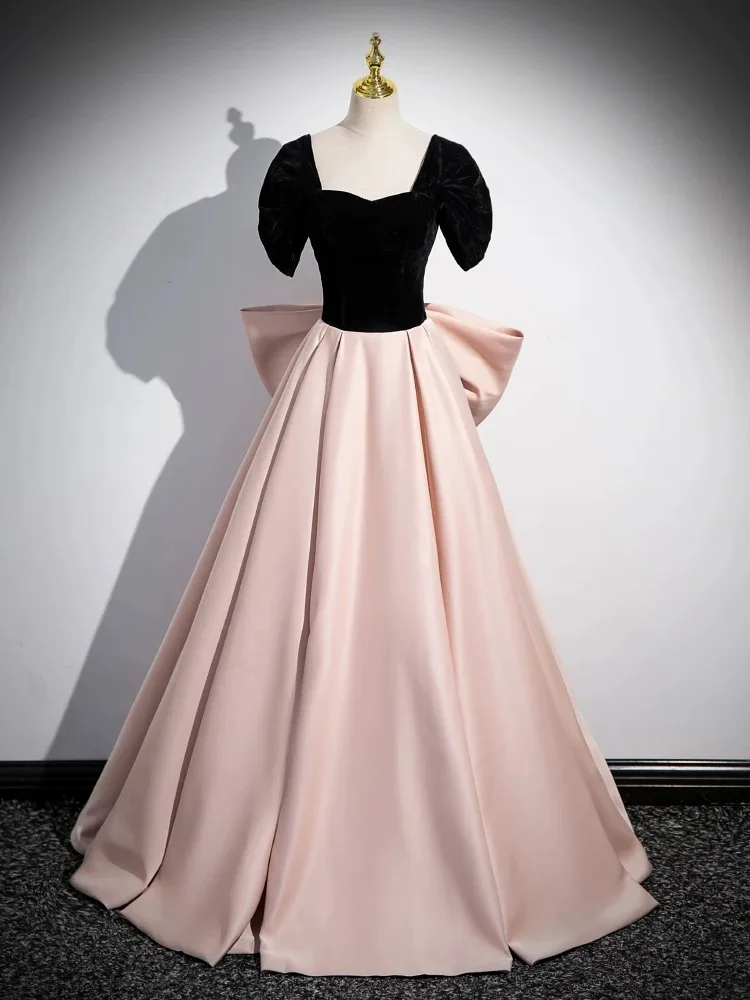 

Black and Pink Prom Dresses Sweetheart A-line Satin Big Bow Princess Style Detachable Sleeves Wedding Evening Party Gowns