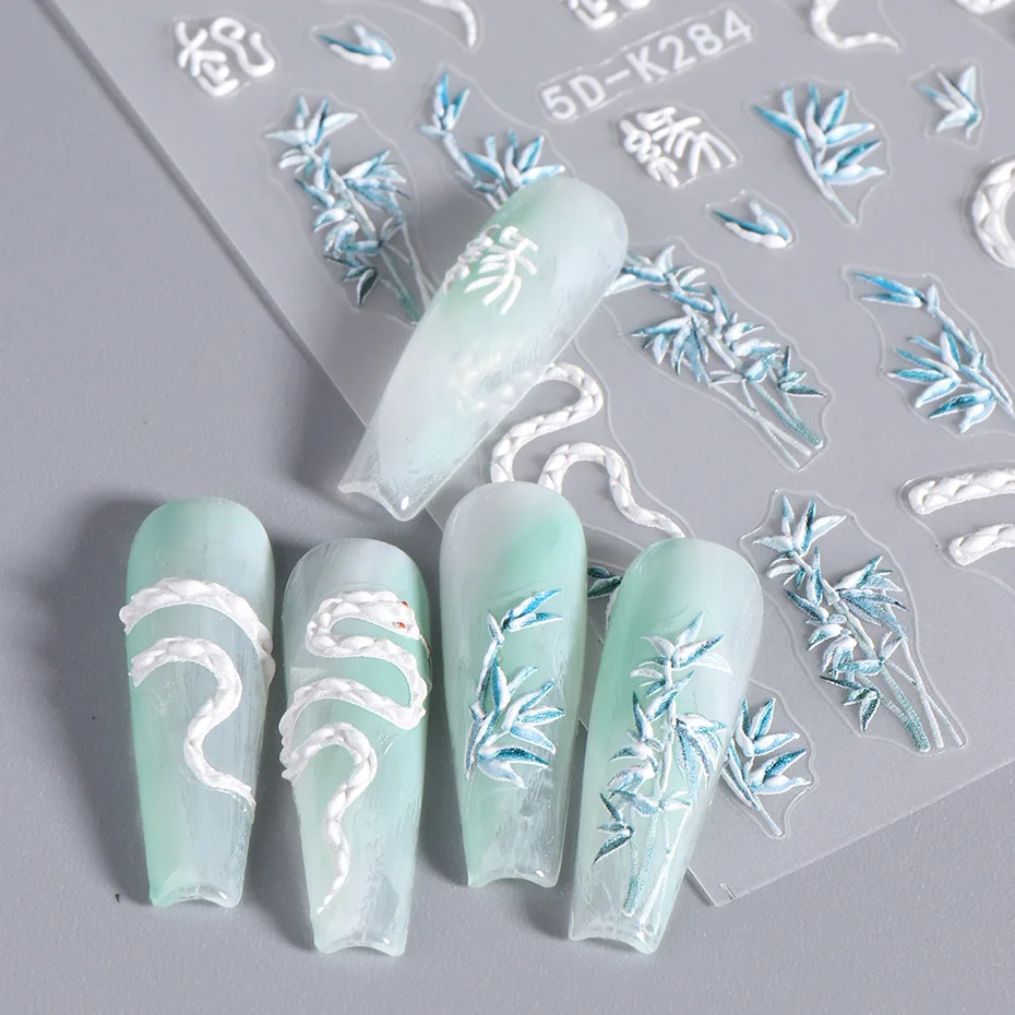 Green Snake Nail Stickers Black White Style 5D Dragon Slider Wraps Decals Chinese Character Bamboo Self Adhesive Nail Stickers