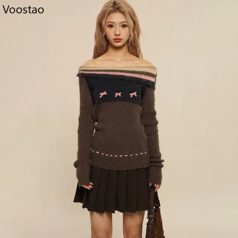 Autumn Winter Y2k Aesthetic Knitted Pullovers Women Elegant Striped Slash Neck Bow Sweaters Fashion Female Vintage Knitwear Tops