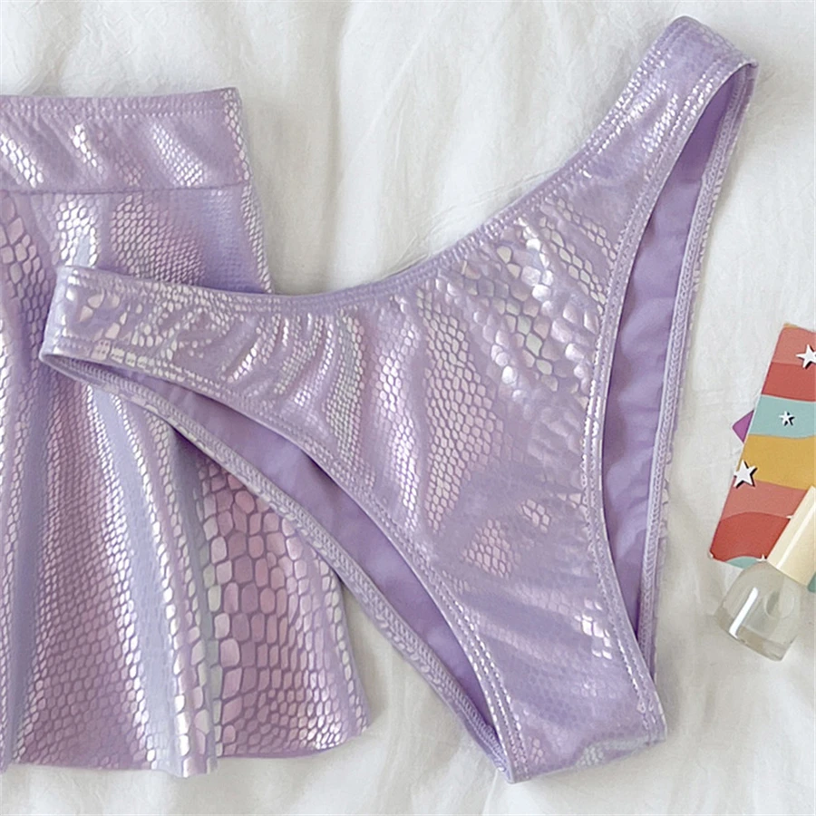 Traje de baño morado claro con faldas, conjunto de Bikini de 3 piezas con cuello Halter y cordón, traje de baño Sexy para mujer, Bikinis, ropa de playa