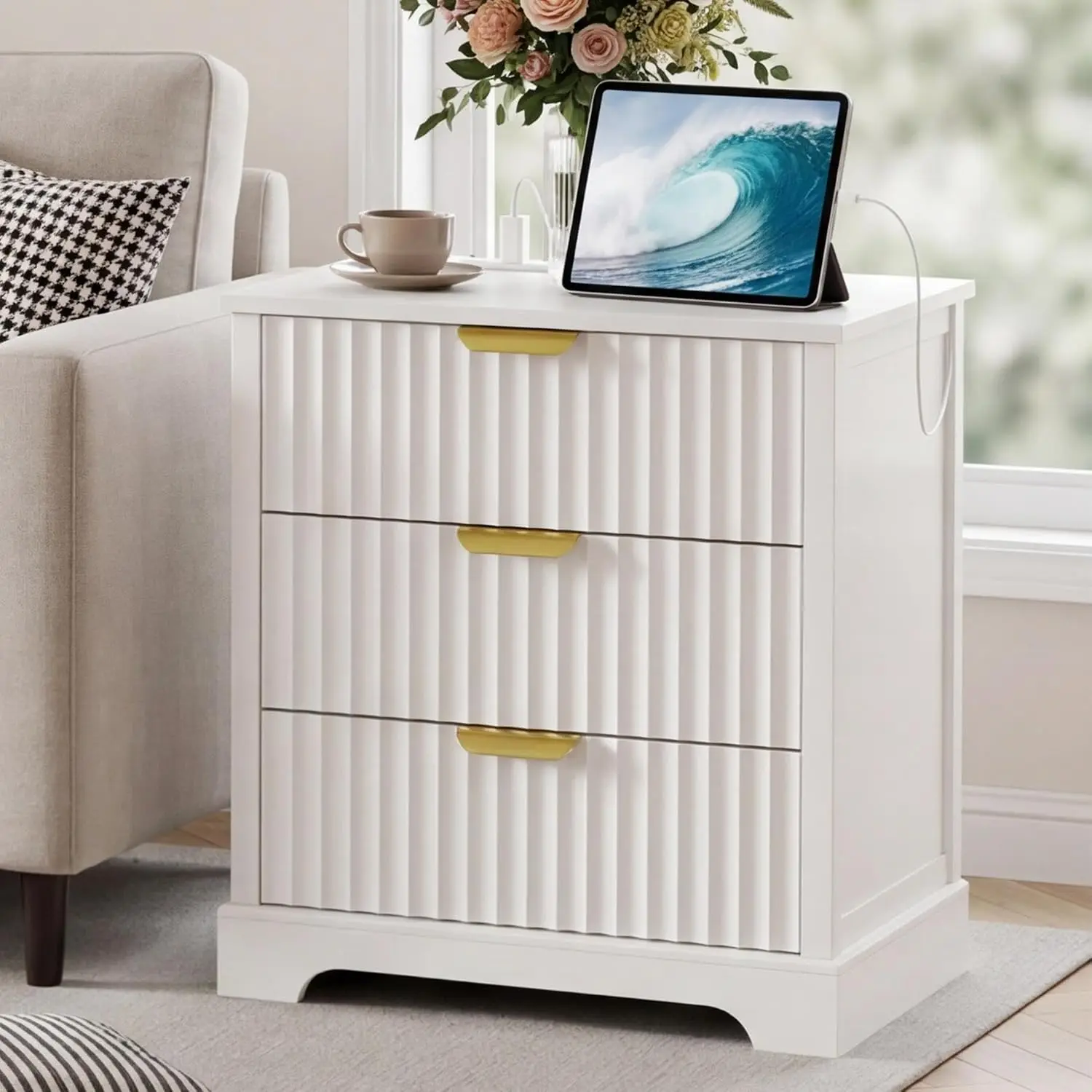 Fluted Nightstand with Charging Station & 3 Drawers Metal Handles Large Bedside Table Bedroom USB-C Port White, Customized