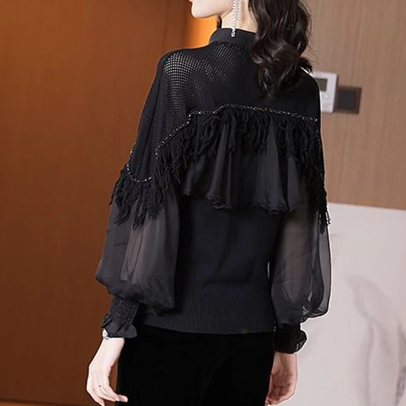 Women\'s Vintage Sexy Hollow Tassels Bright Silk Knit Patchwork Blouses Korean Fashion Elegant Ruffle Black Long Sleeve Slim Tops