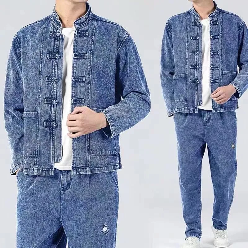 

Мужская джинсовая куртка свободного кроя с вышивкой, в стиле ретро, с пуговицами, молодежная, с воротником-стойкой, повседневная верхняя одежда для осеннего сезона