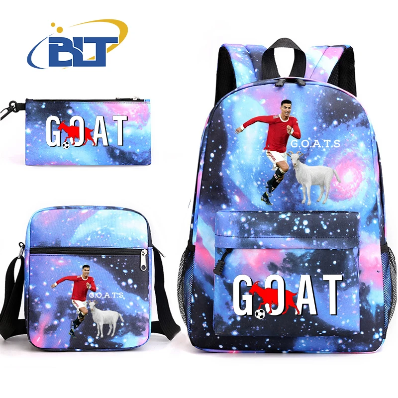 GOAT CR7 printed student school bag set youth backpack shoulder bag pencil case 3-piece set kids gift