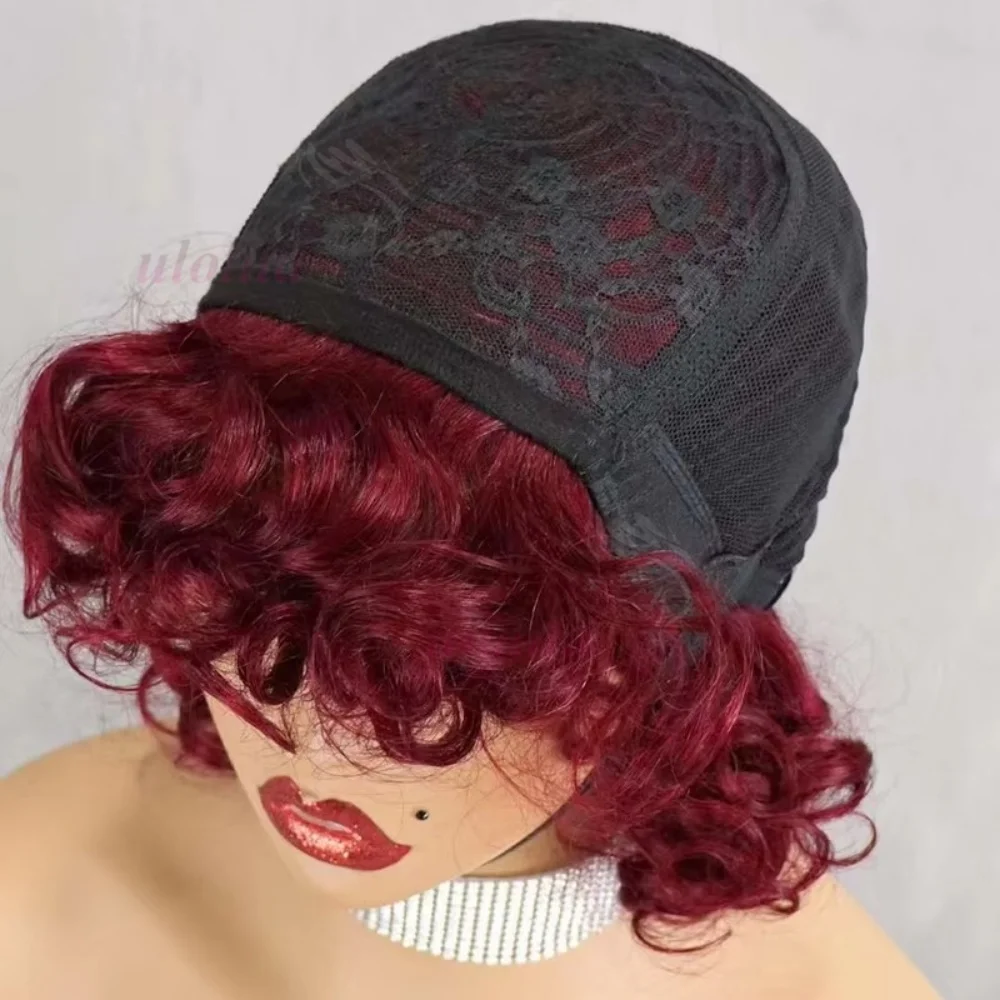 99J Burgunder Fumi Lockige Bob-Perücke, Federnde Pixie-Cut-Perücke mit Highlights, Vollmaschinell Gefertigte Eierlocken, Lockige Echthaar-Perücken für Frauen mit Pony – Detail 4