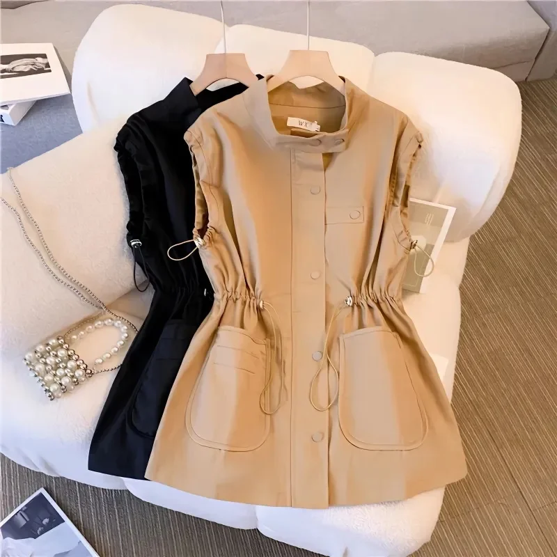 2025Spring Autumn Vest Jacket Women Design Sense Korean Casual Waistcoat Loose Stitching Long Tooling Female Sleeveless Coat Top