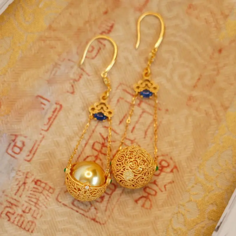 Vintage Motifs Gold Ball Tassel Ear Hook Neo-Chinese Style Retro Pattern Bold Women Jewelry Filament Hollow Drop Dangle Earring