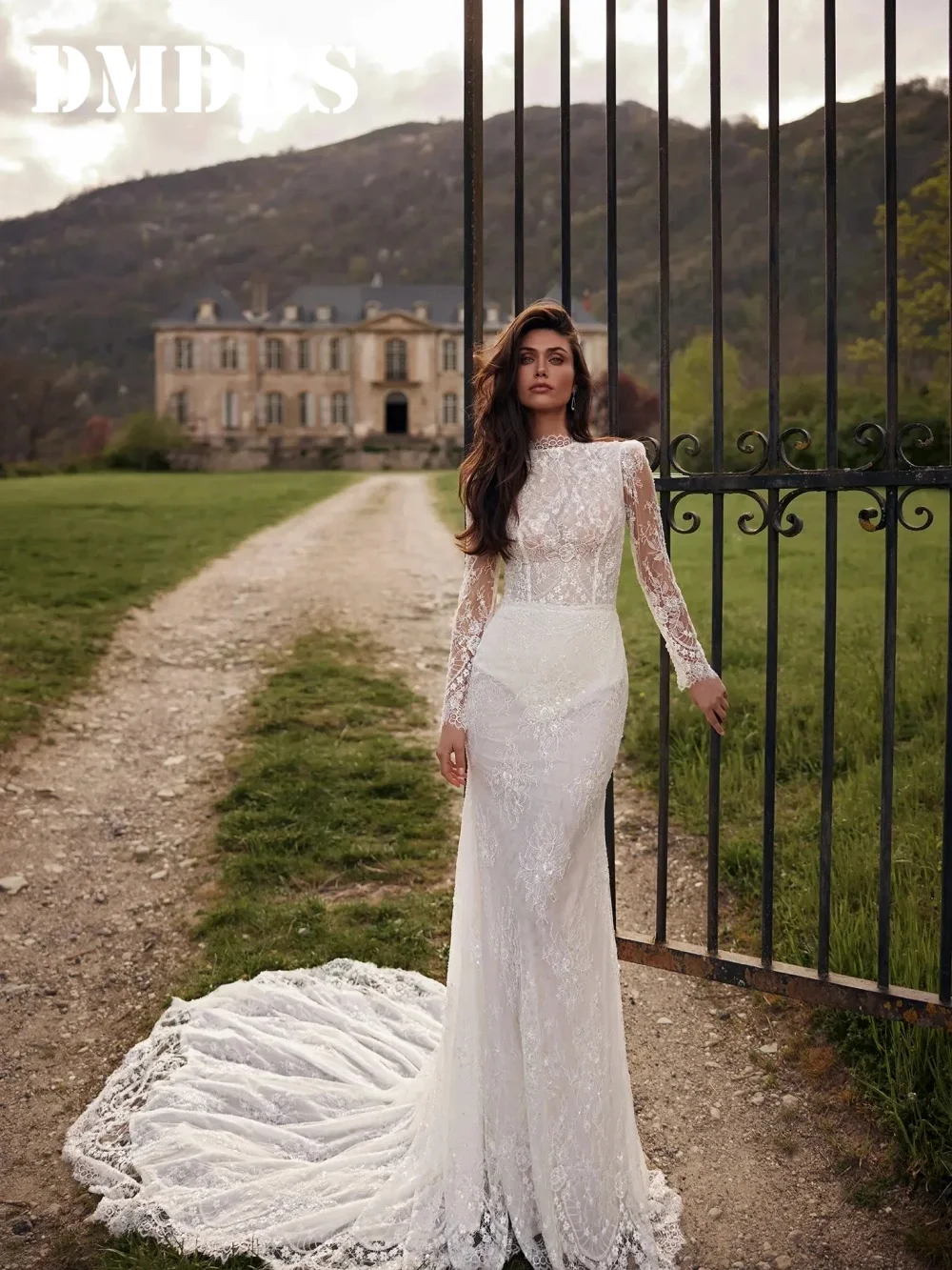 

DMDRS Elegant Long-Sleeve Wedding Dress Romantic A-Line Bridal Gowns Formal Detachable Lace Floor-Length Wedding Gowns
