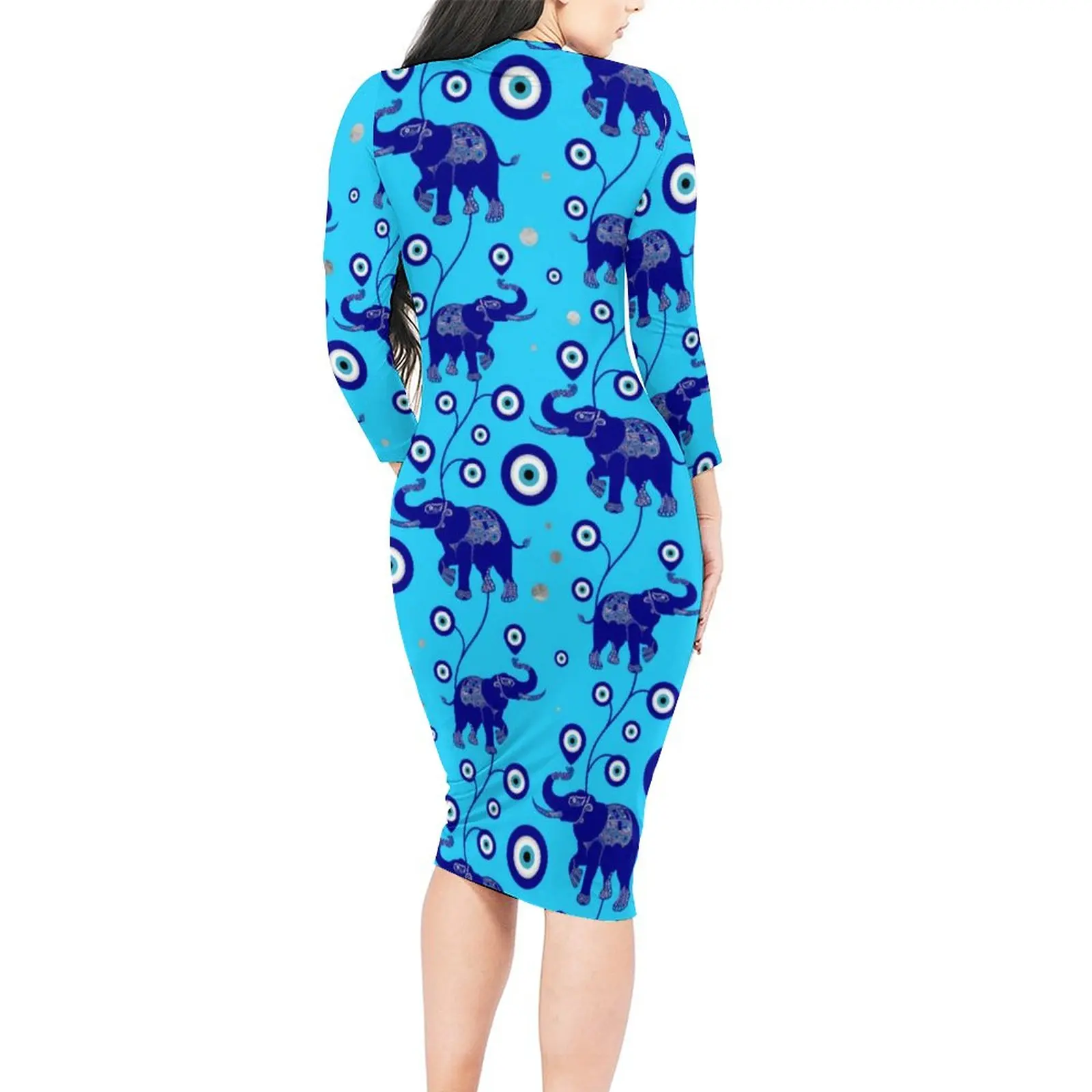 Elephant Evil Eye Bodycon Dress Summer Blue Amulet Print Pretty Dresses Womens Long Sleeve Design Street Fashion Dress