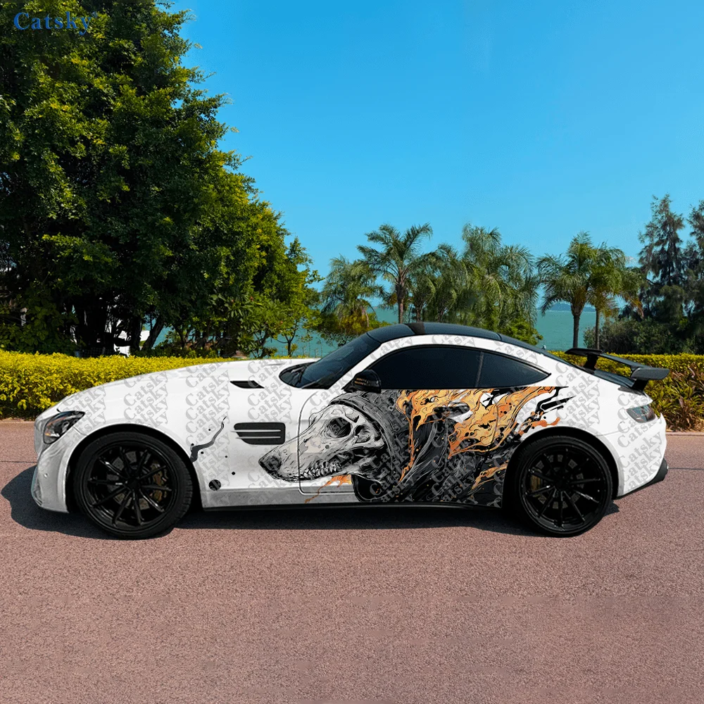 

2pcs Half-Dog Half-Skull Car Side Car Wraps, Self-Adhesive PVC Waterproof & Scratch-Resistant Stickers, Car Accessory Gift
