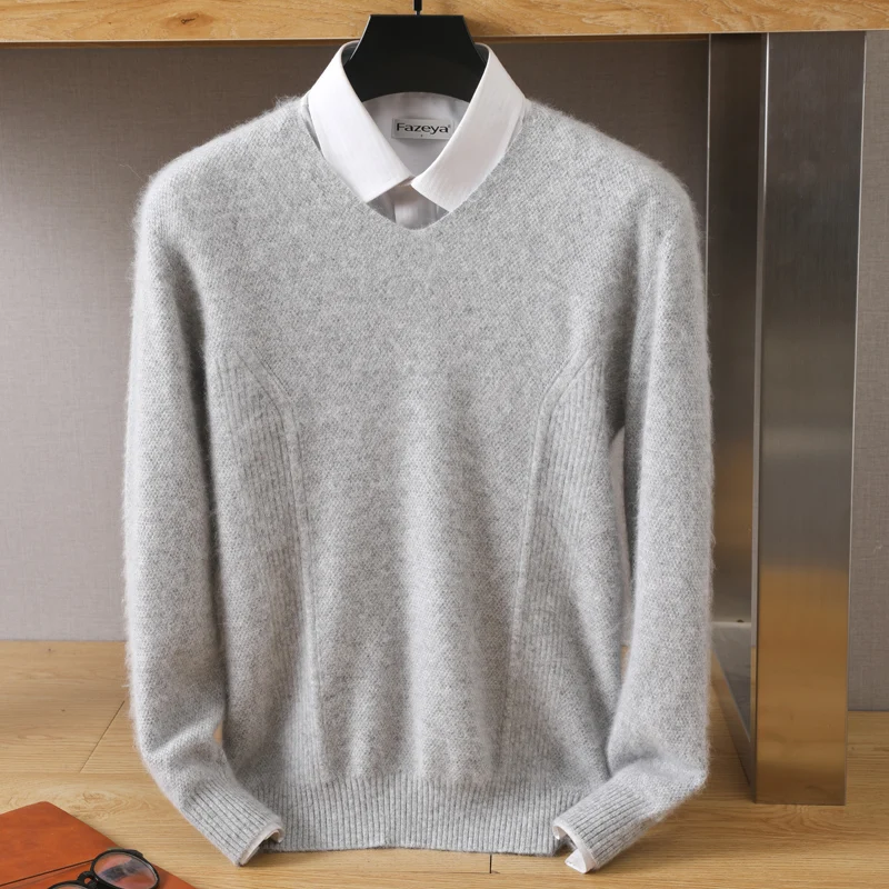 Jersey de punto para hombre, Jersey holgado de terciopelo de visón puro con cuello en V, manga larga, color sólido, para negocios, otoño e invierno, 100%