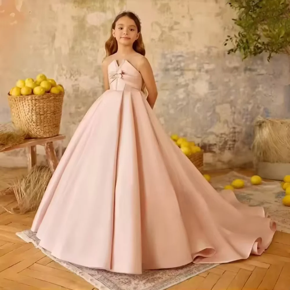 

Luxury Pink Crystal Flower Girl Dress Satin Princess Kids Wedding Birthday Pageant Party Festival Evening Gown