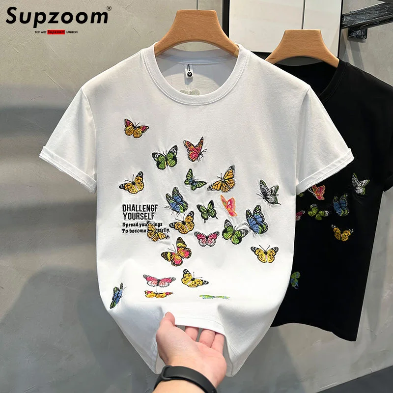 Supzoom New Arrival Summer Fashion Embroidery Butterfly Neutral Short O-neck Casual Heavy Texture Cotton Ins Loose Men Tshirt