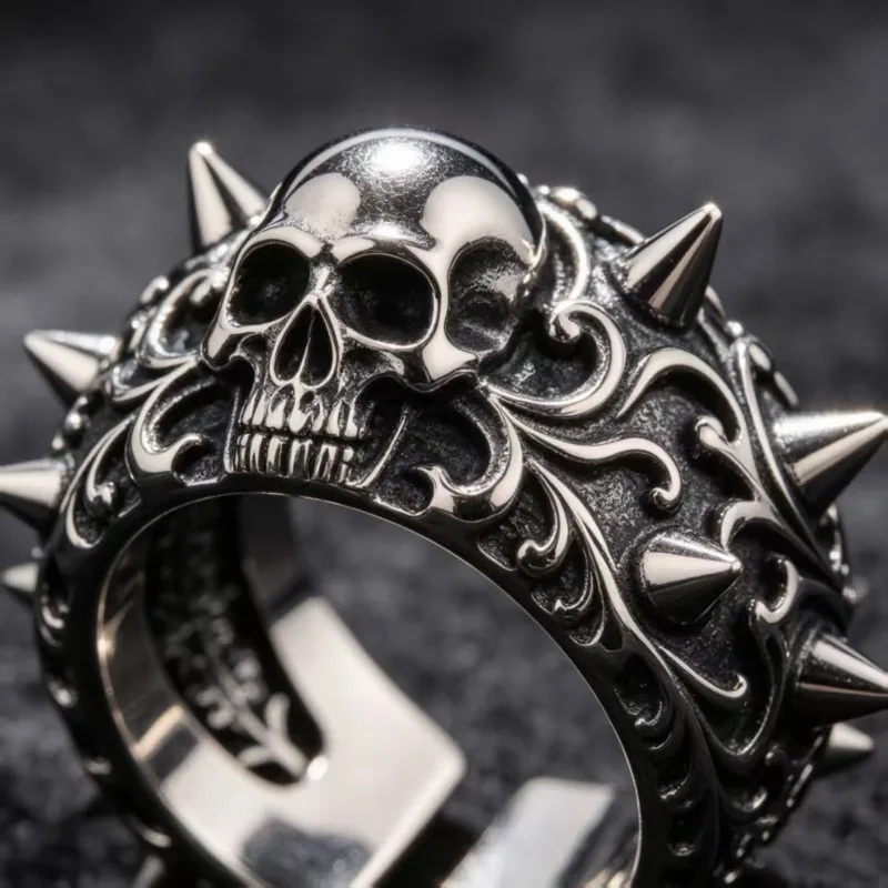 Vintage skull, rivet opening, men's and women's rings, street trend, neutral style jewelry.