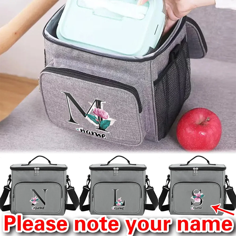 

Customizable Name Grey Lunch Bag Insulated Handbag Black Letter Series Multi Functional Picnic Lunch Box Waterproof Lunch Box