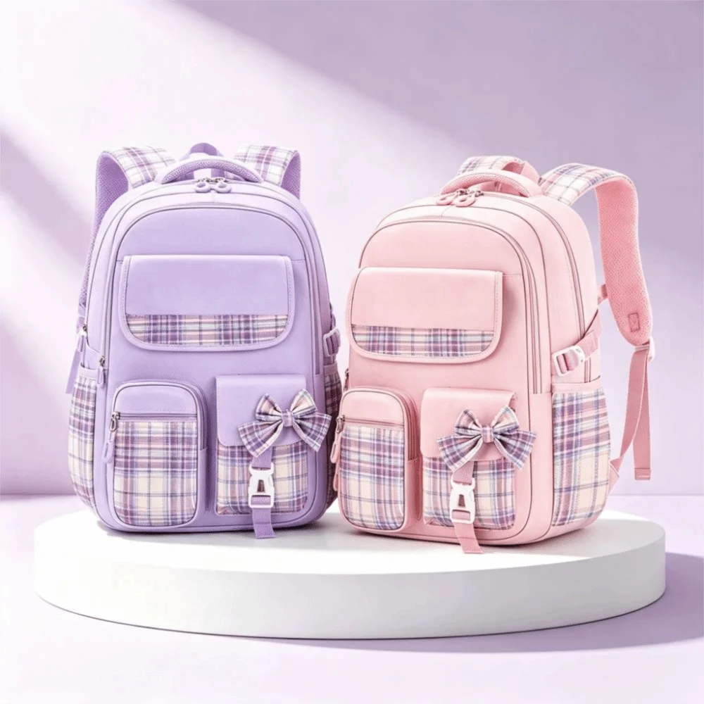 Spine Protection Large Capacity School Backpack Checkered Bow Student Backpack Ergonomic Lightweight Girls Backpack Bookbag