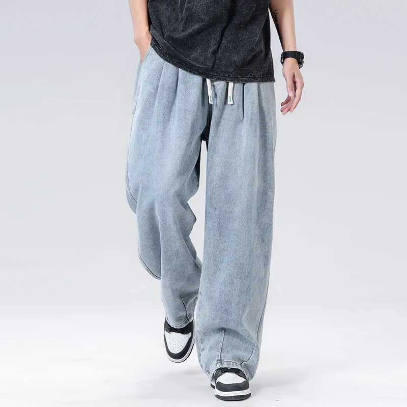 

Autumn New Men’s Baggy Straight Wide Leg Pants Elastic Waist Light Color Drawstring Style Jeans Loose Trendy Brand Wide Jeans