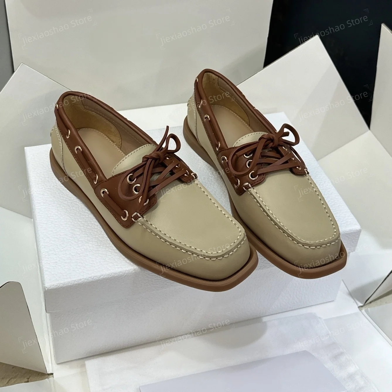 New Arrival Retro Genuine Leather Square-Toe Flat Heel Lace-Up Woman Loafers Mues Oxfords Mules Mary Janes Zapatos De Mujer