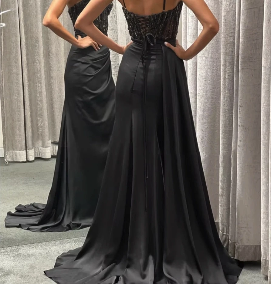 مثير أسود ساطع السباغيتي حزام حفلة موسيقية فساتين الحبيب الخرز ثوب مسائي مع حزام الظهر الساتان الجانب سبليت للنساء العباءات #3