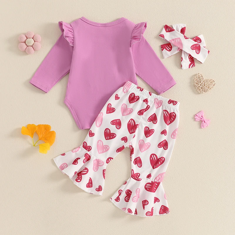 طفلة عيد الحب ملابس إلكتروني طباعة كم طويل رومبير القلب طباعة مضيئة السراويل عقال 3 قطع مجموعة الملابس