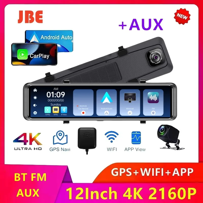 12InchDash Cam 4K 3840*2160P Car Mirror Video Recording Carplay & Android Auto Wireless Connection 5G WiFi GPS Navigation FM AUX