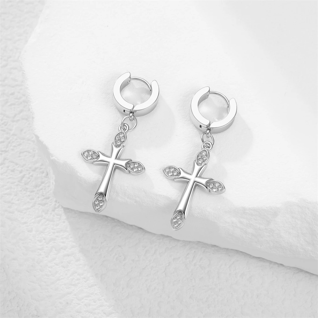 Eueavan Strass-Kreuz-Ohrhänger aus Edelstahl, klassische christliche Creolen für Frauen, religiöser Amulett-Schmuck, Geschenk – Detail 15
