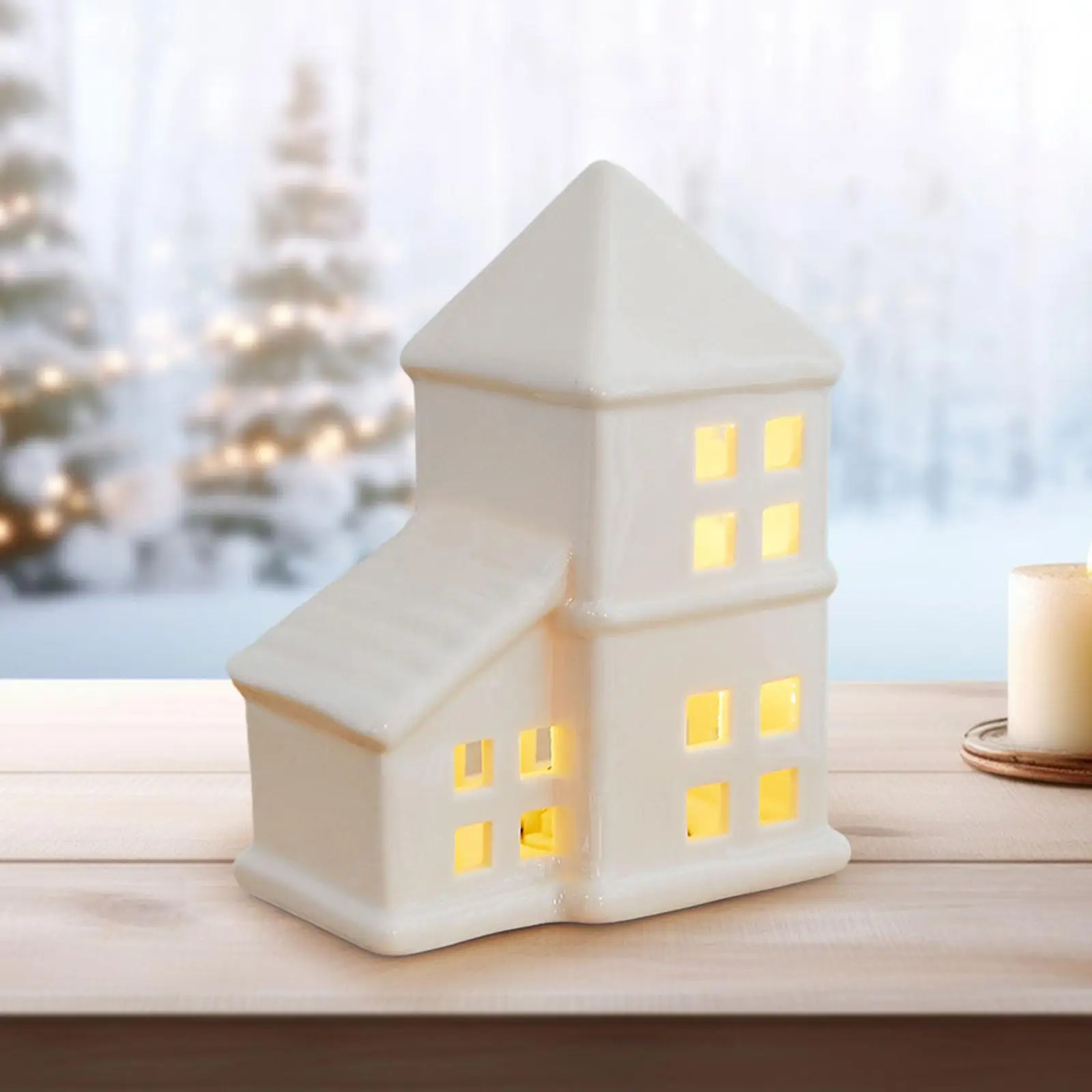 Light up Christmas Village White Building Figurine Light up Scene Christmas Decorations for Office Desk Indoor Farmhouse Holiday