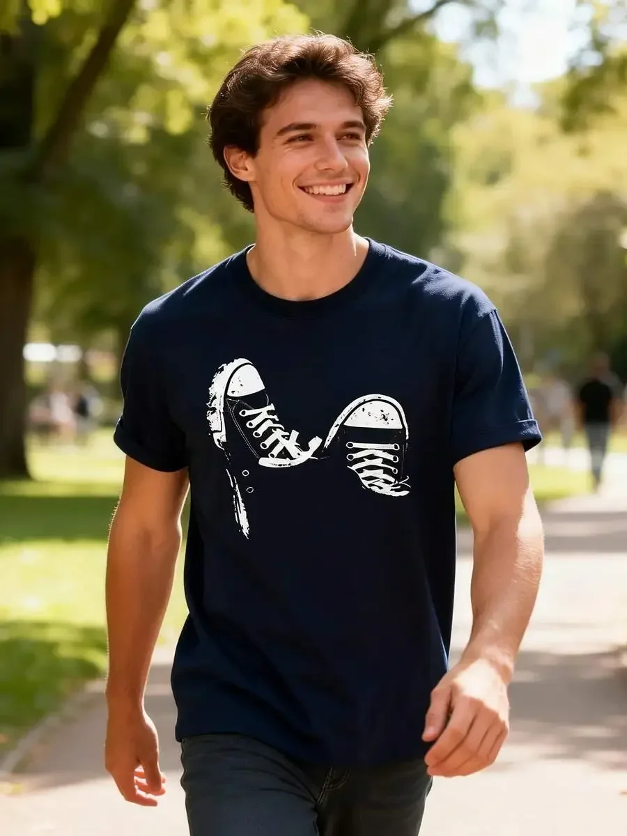 Men's Sneaker Print T-Shirt - Casual Short Sleeve Round Neck Tee With Sneaker Graphics, Breathable & Durable Fabric