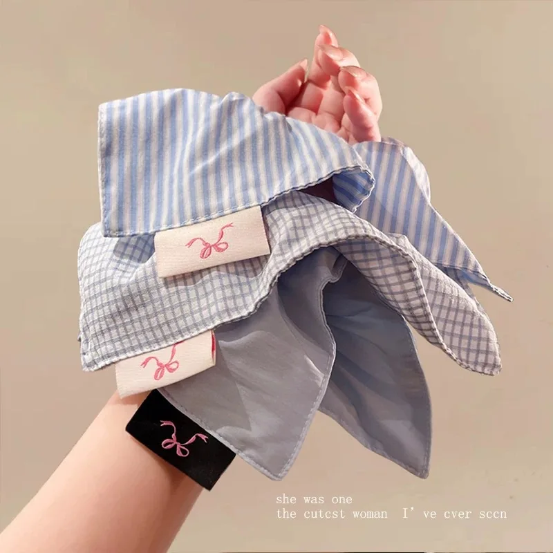 Simple Blue Striped Checkered Square Scarf Scrunchie, Elegant and Sophisticated Ponytail Hair Tie, Effortlessly Chic Hair Tie. view 4