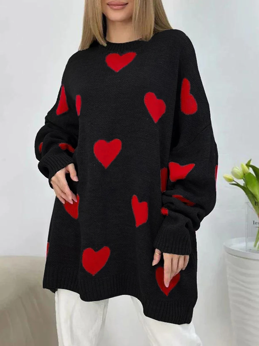 

Женский повседневный вязаный свитер с длинными рукавами и принтом сердца, свободный пуловер с круглым вырезом для весенней и осенней одежды
