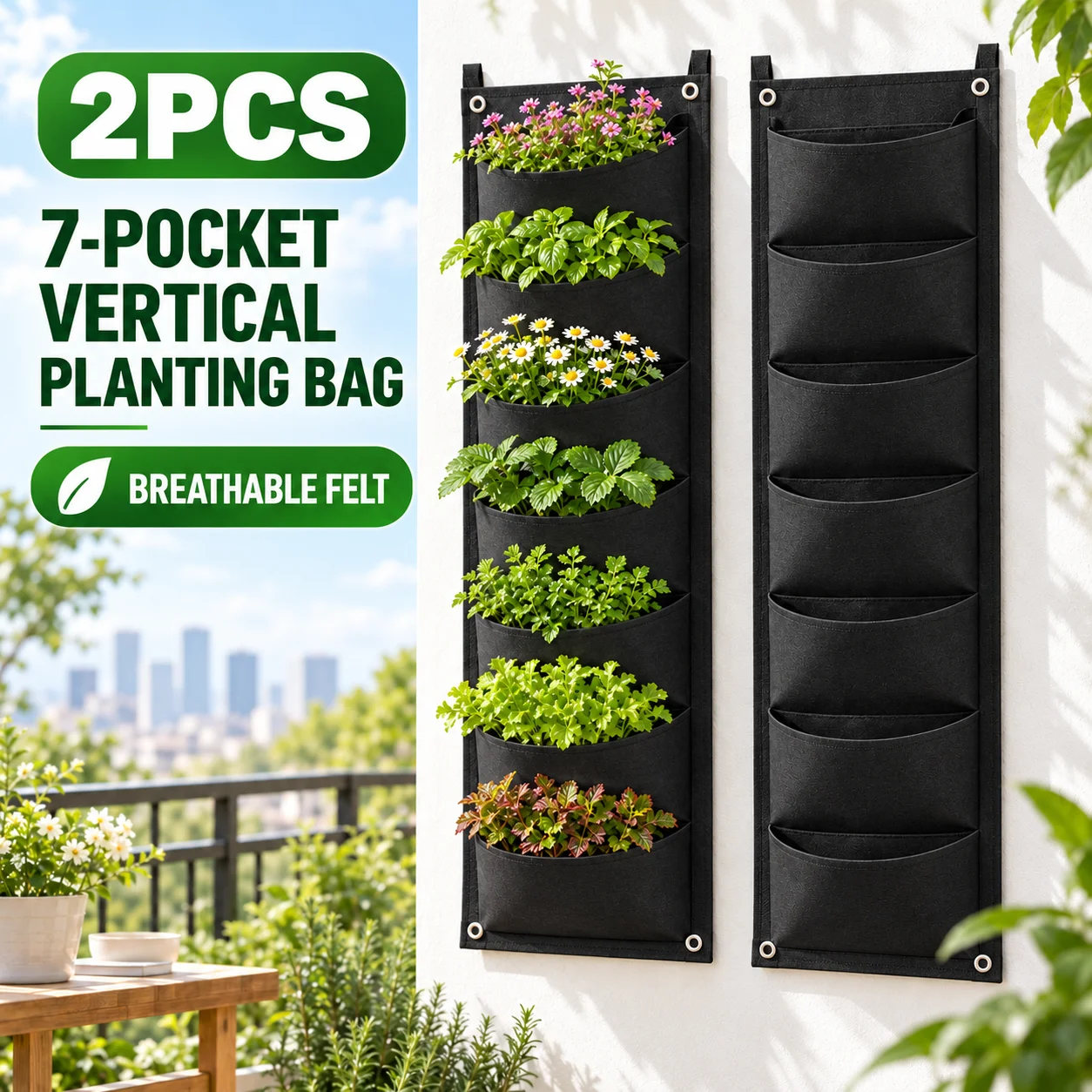 2Pcs 7 Pocket Felt Wall Hanging Planting Bags Vertical Garden Planter for Flowers Herbs Balcony Patio Outdoor