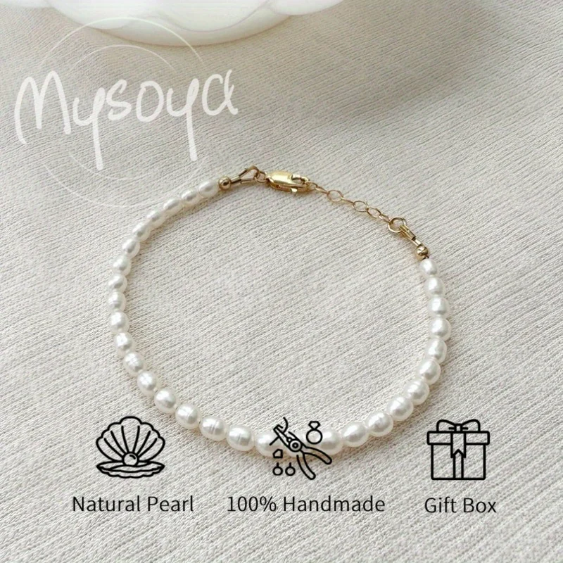 

MYSOYA 4-5mm Natural White Rice Shape Freshwater Pearl Bracelet For Women And Men With Gift Box Birthday Wedding Jewelry Gift