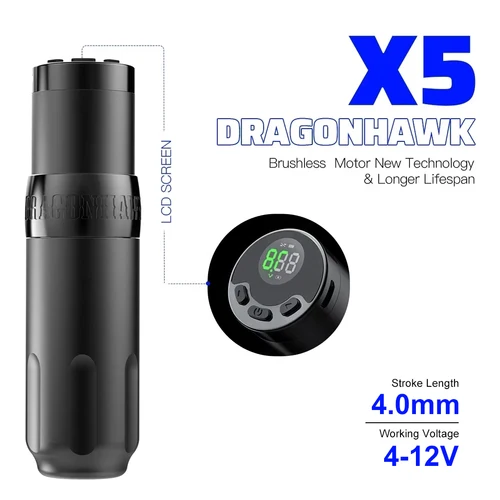 Dragonhawk X5 무선 배터리 문신 펜 4.0mm 스트로크 LED 디스플레이 브러시리스 모터 바디 아트 영구 화장 기계