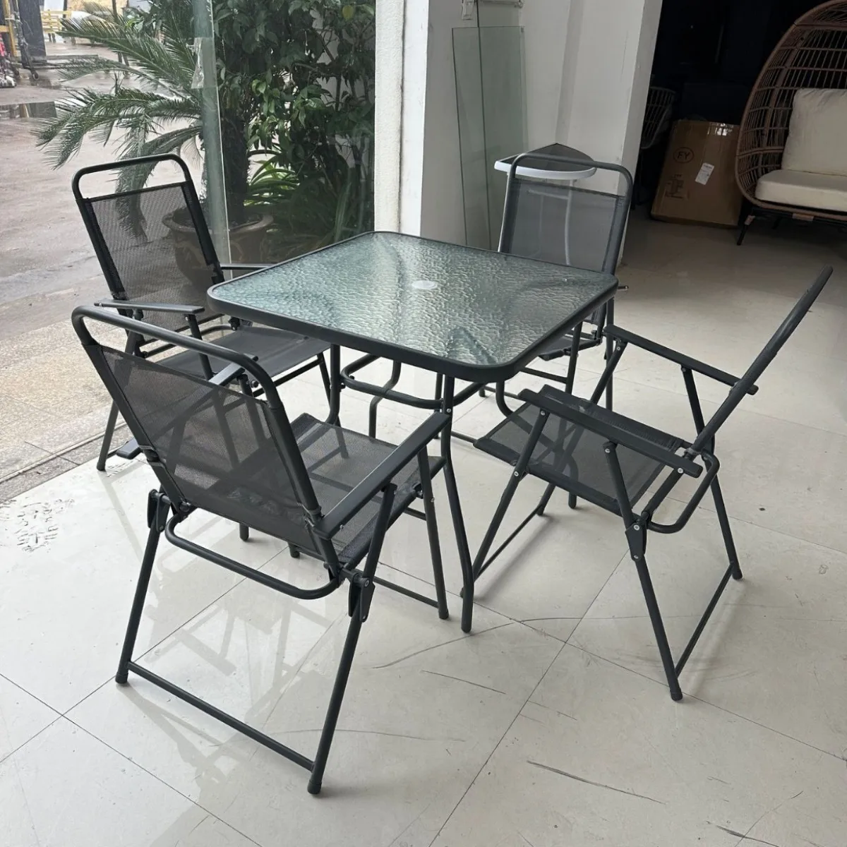 & Simple Leisure Folding Metal Chair Set, Modern Square Outdoor Glass Coffee Table 4 Pcs for Garden Terrace Villa