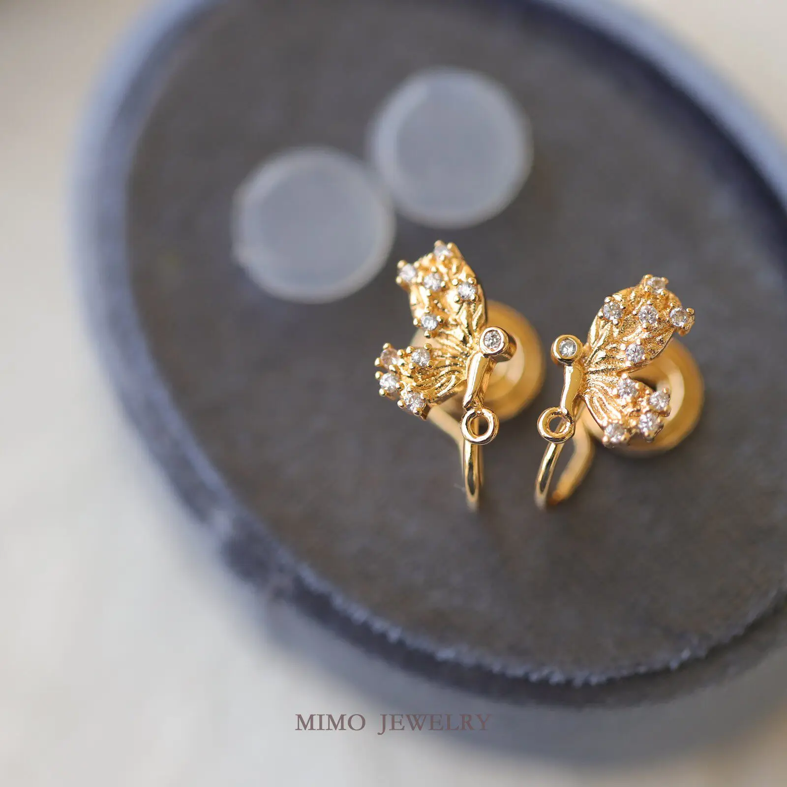 Copper-plated Real Gold, Exquisite Zircon Butterfly Symmetrical Stud Earrings, Earclips DIY Handmade Accessories